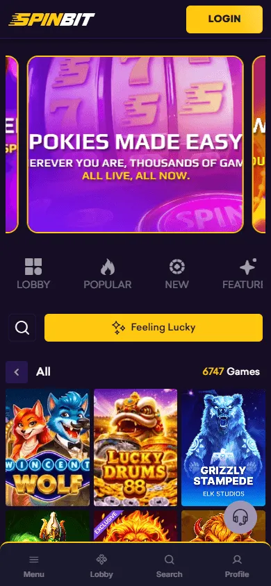 Spinbit Casino games area on a mobile device
