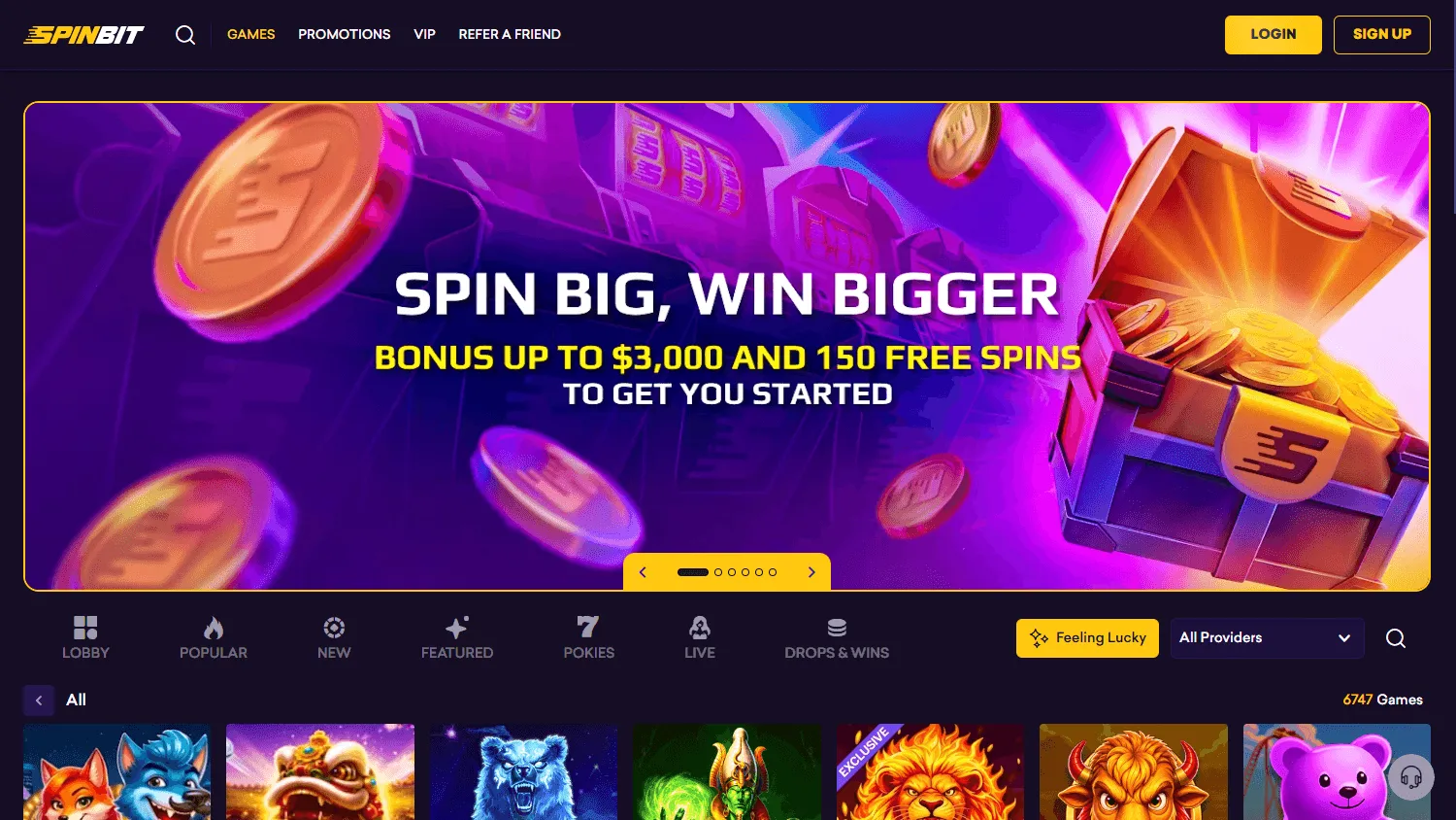 Spinbit Casino games area on desktop