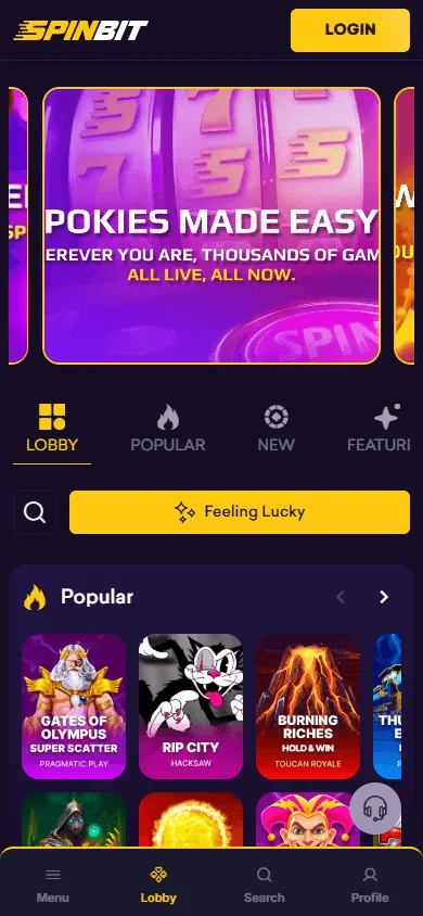 Spinbit Casino home on a mobile device