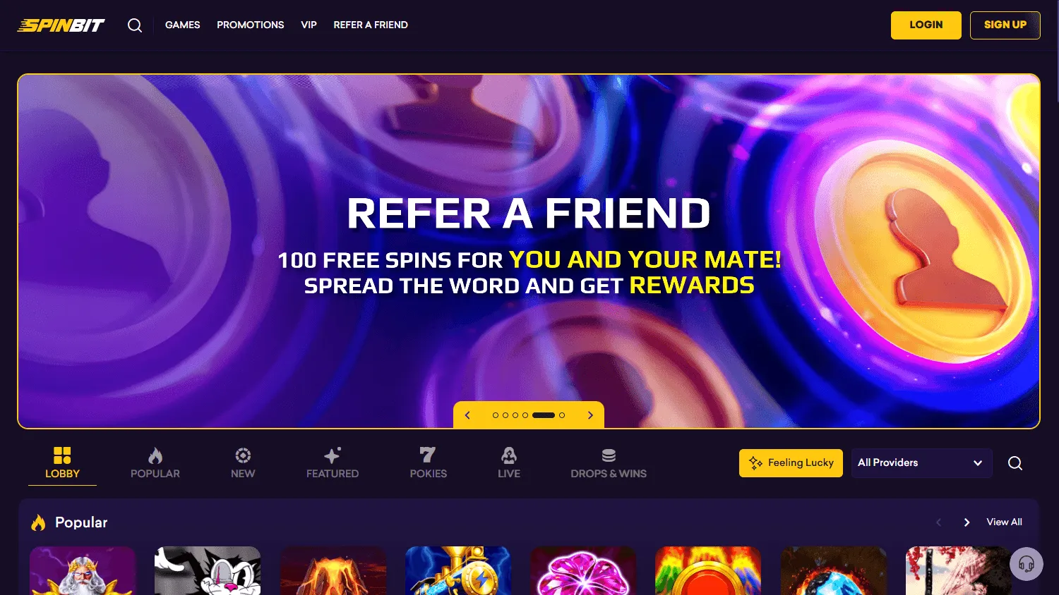 Spinbit Casino home on desktop