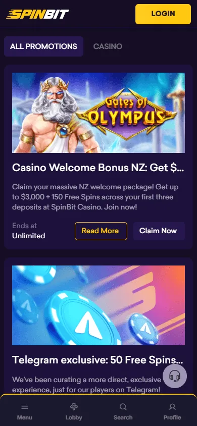 Spinbit Casino promotions area on a mobile device