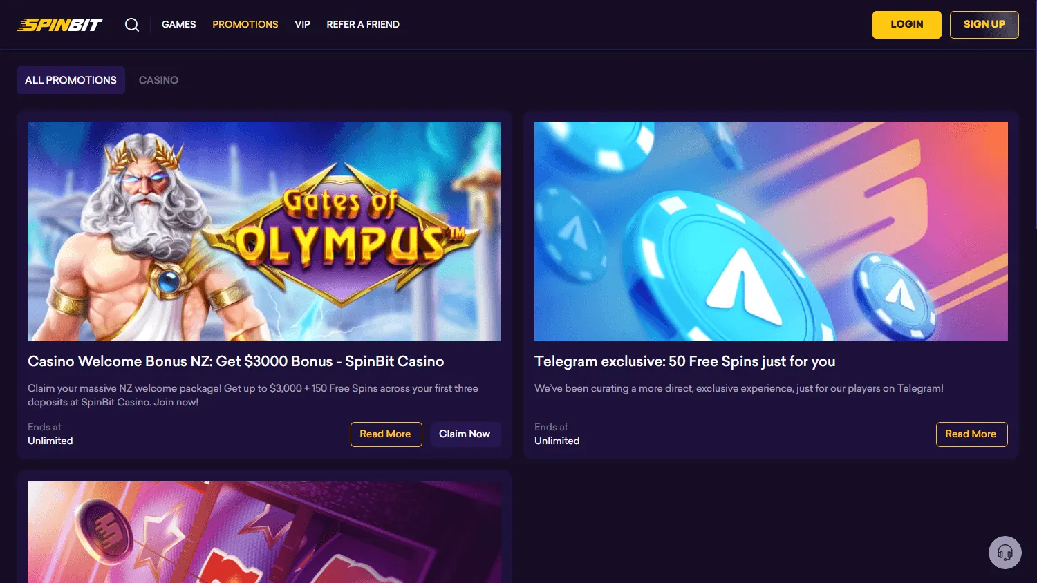 Spinbit Casino promotions area on desktop